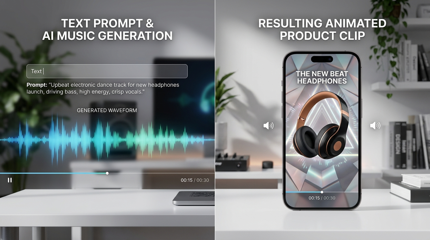 Split-screen of prompt-to-music and the finished animated product clip on a phone