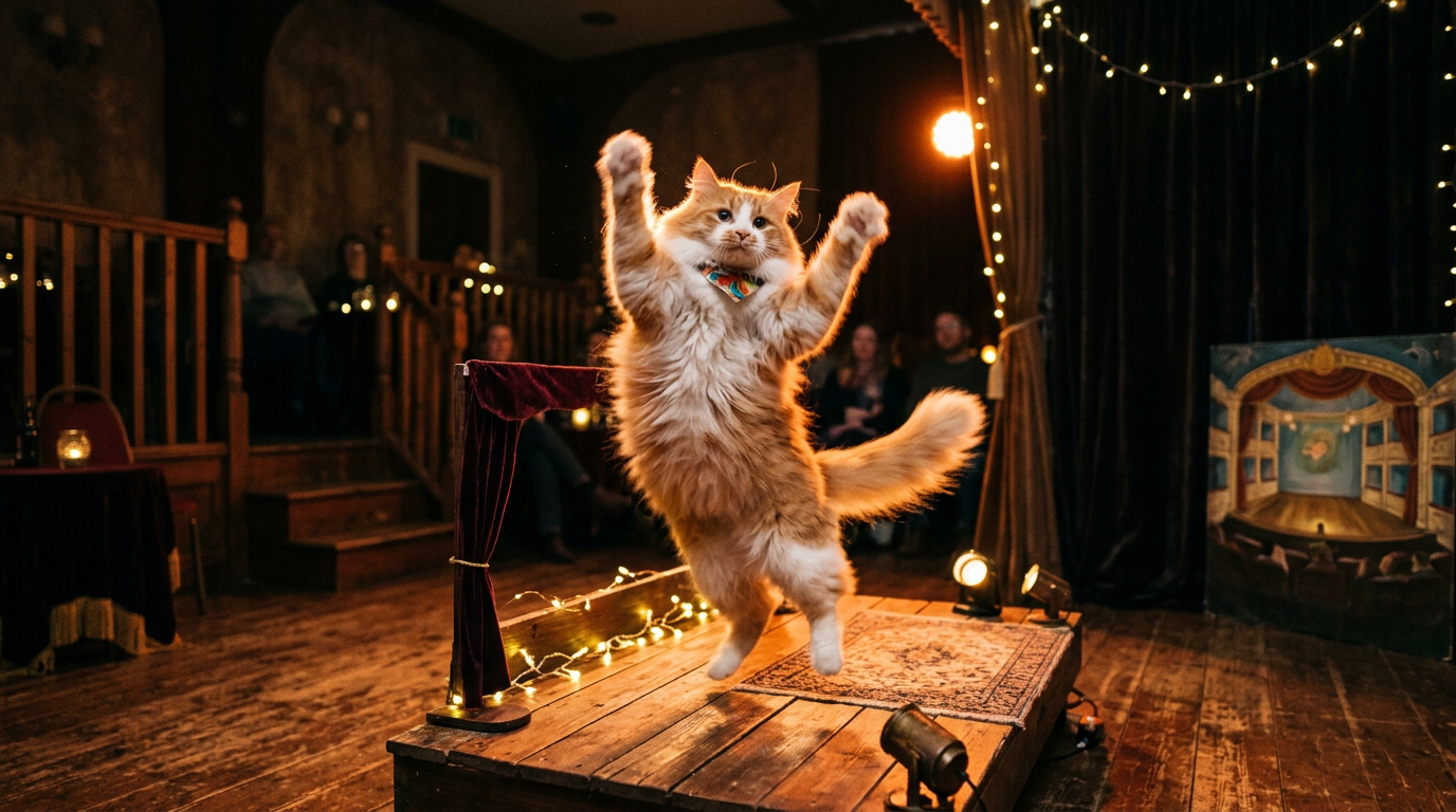 Fluffy cat animated dancing on a stage with warm rim light