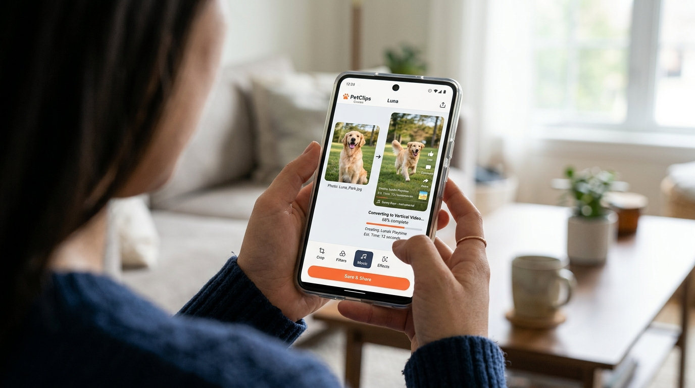 Smartphone screen showing app converting a pet photo into a vertical video