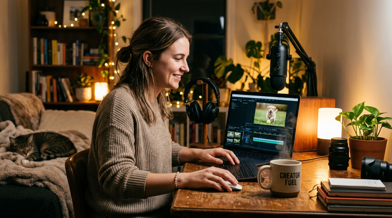 Creator at laptop preparing a pet clip in a cozy workspace