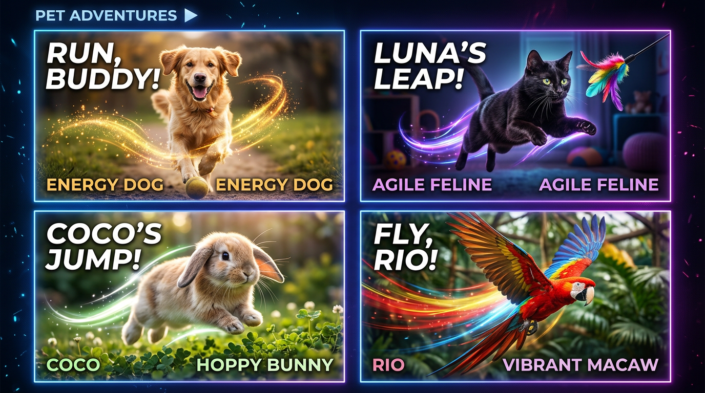 Split-screen montage of four pet thumbnails with subtle motion