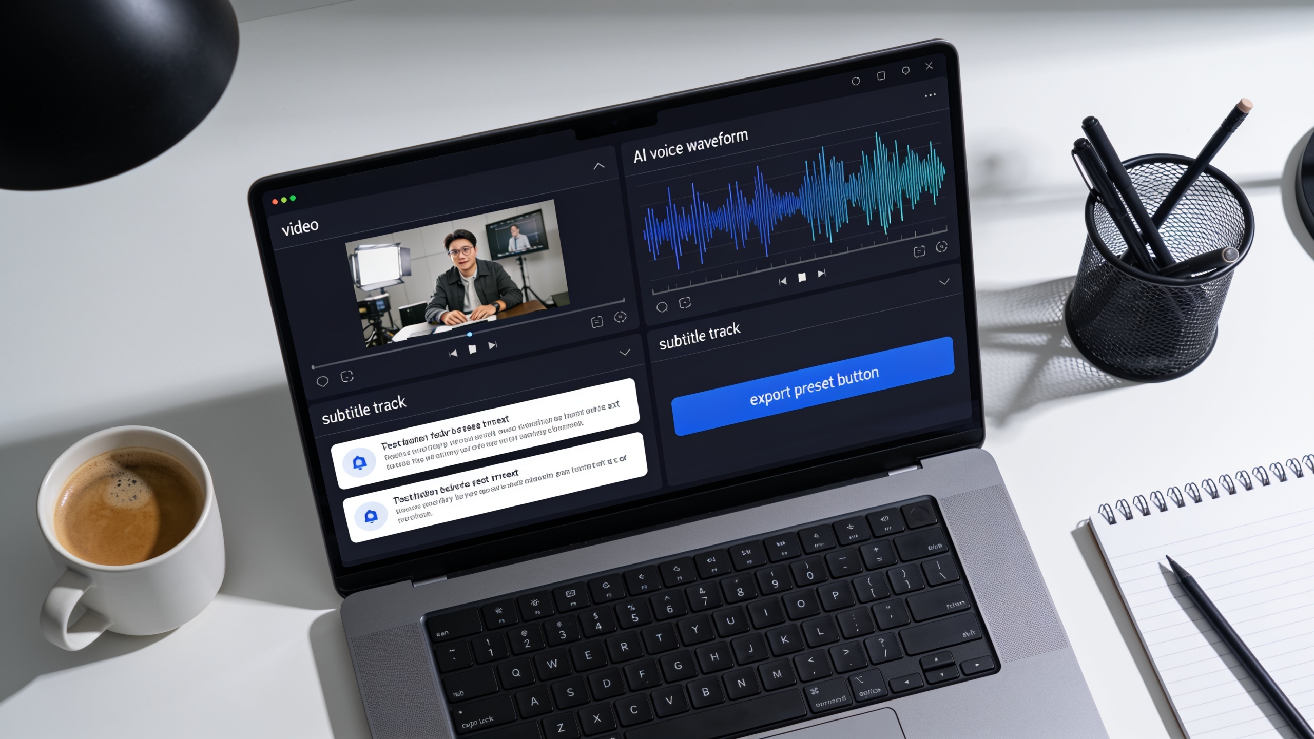 Laptop screen showing Media Mixer layers for voiceover, subtitles, and export
