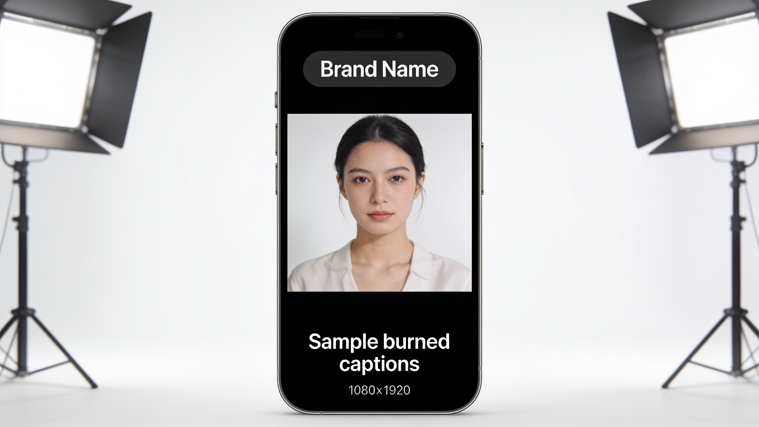 Phone showing vertical video with burned captions and brand overlay.