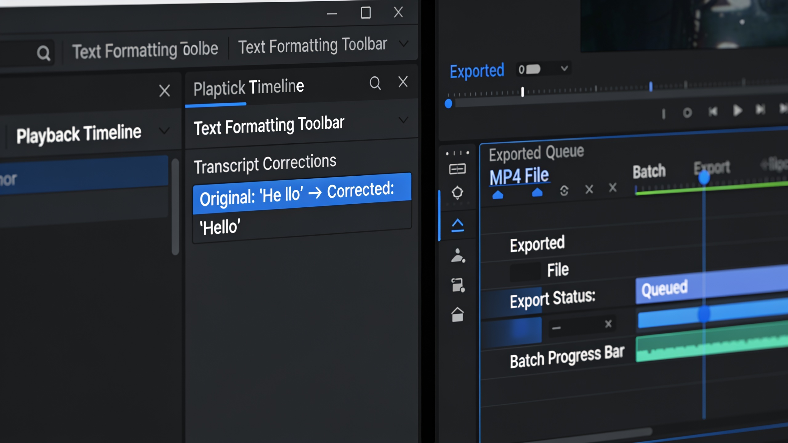 Caption editor beside batch export queue in video editor UI.