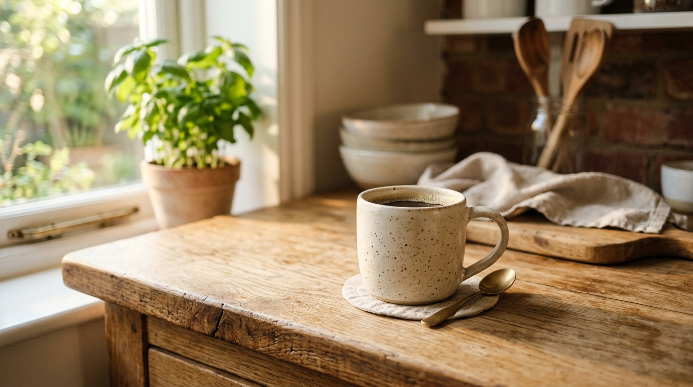 Lifestyle scene showing a ceramic mug on a wooden counter in morning light