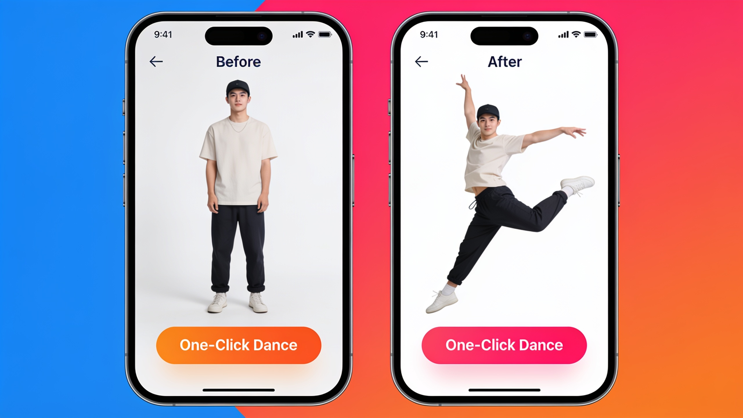 Before and after mobile screens of a dance effect applied to a selfie