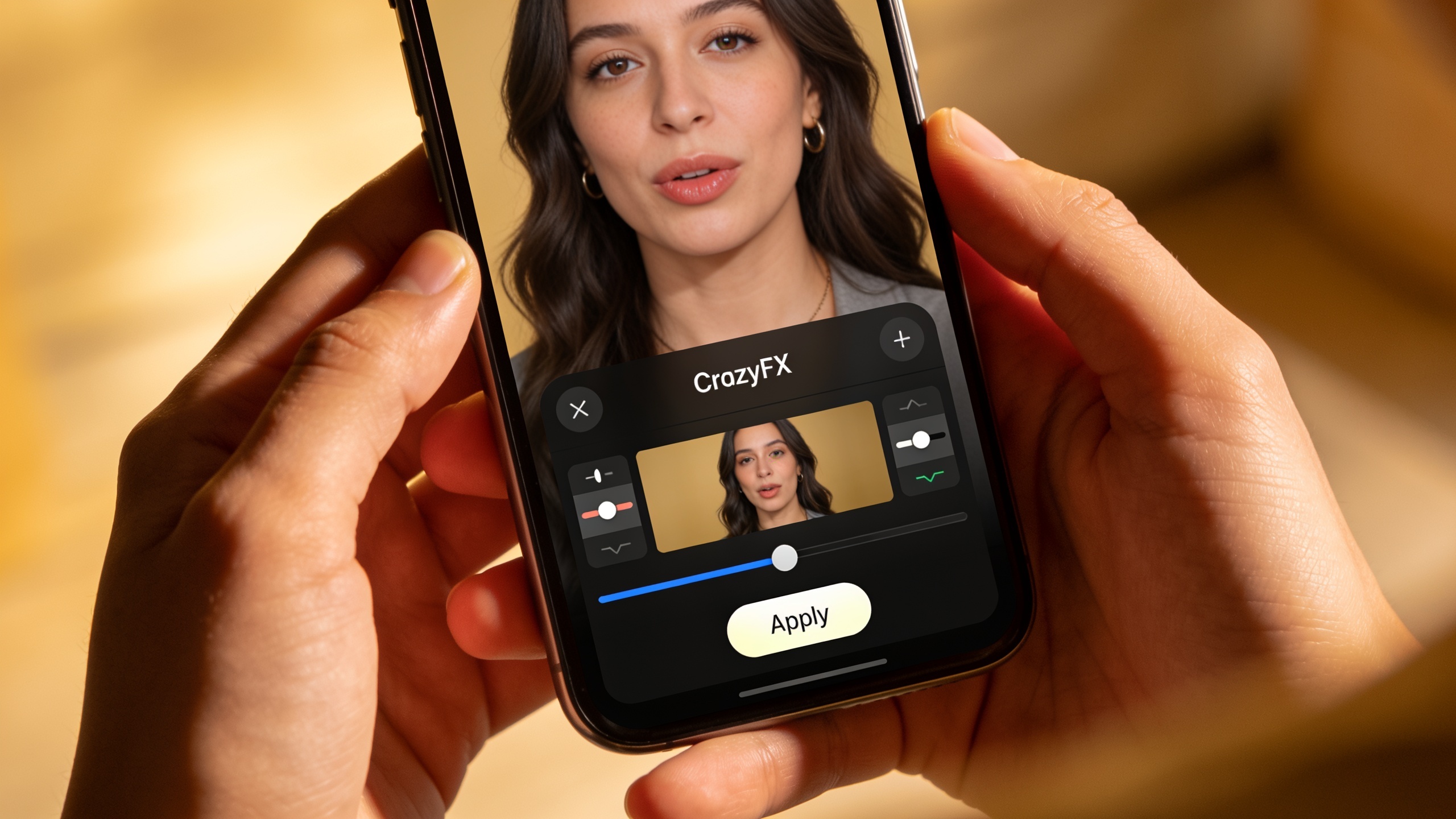 Smartphone showing the CrazyFX app applying a lipsync effect