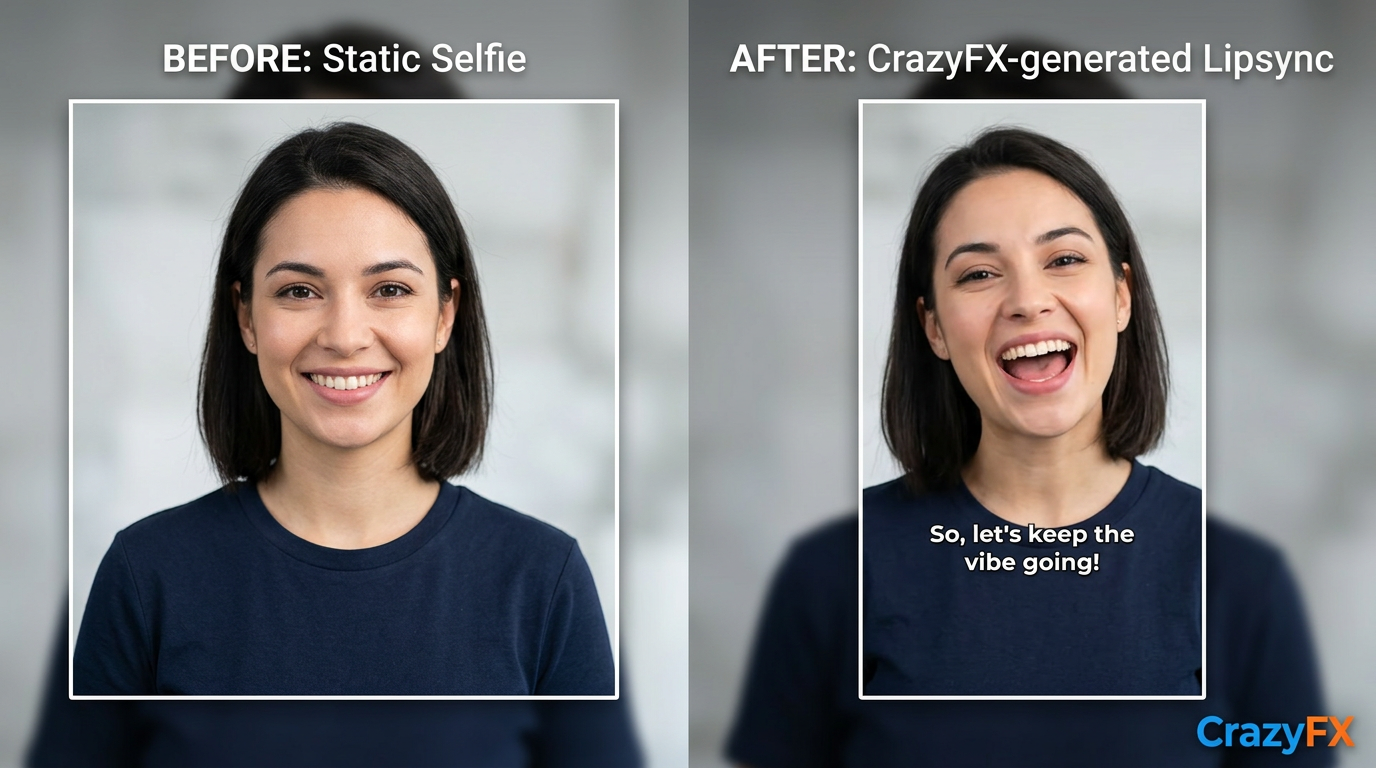 Split-screen static photo and CrazyFX lipsync result