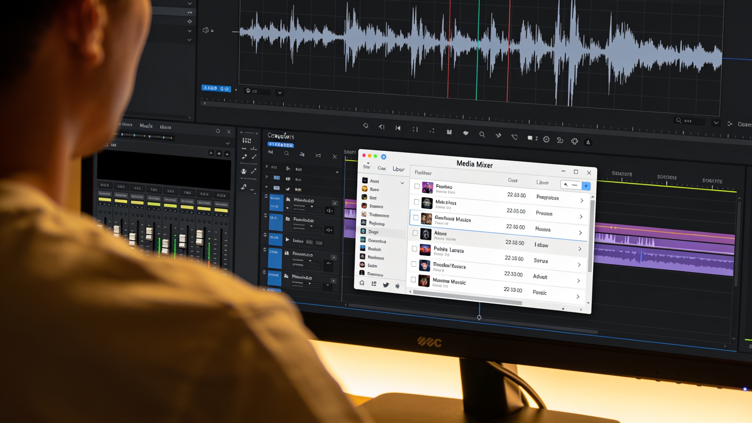Creator using desktop Media Mixer showing audio waveforms and music panel