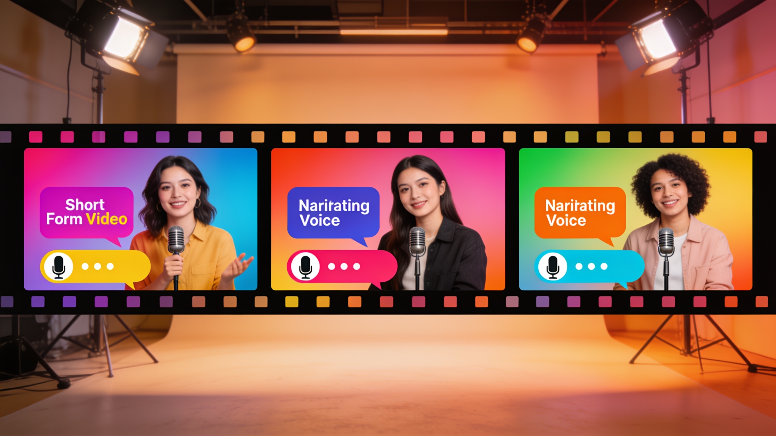 Three short videos side-by-side with different narration samples