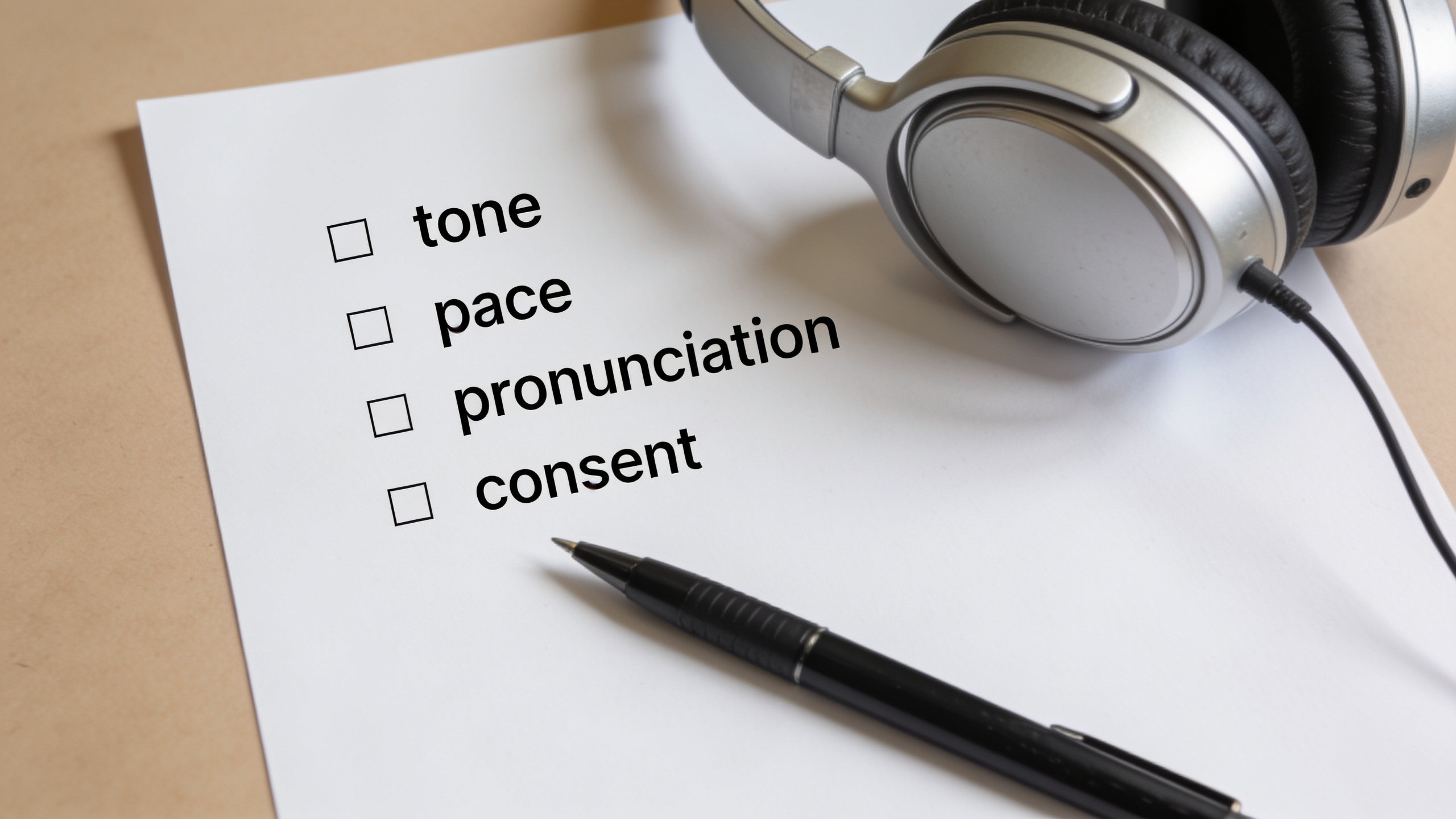 Checklist paper with pen and headphones on a desk