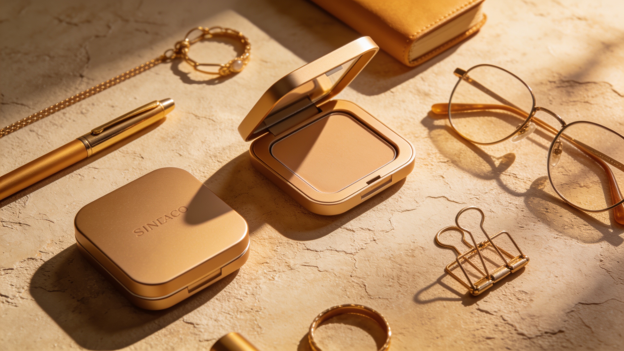 Flatlay of product and accessories on a textured surface