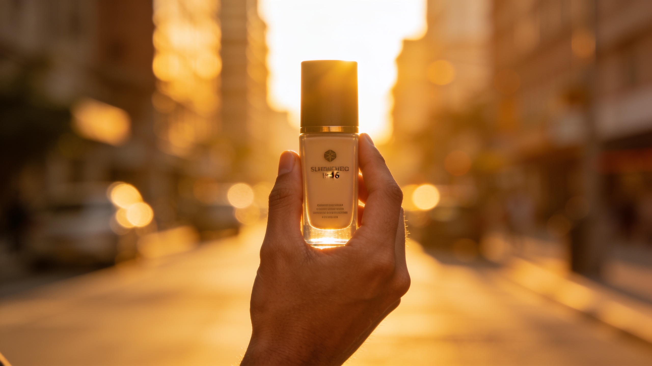 Hand-held product shot in golden-hour city street, vertical crop