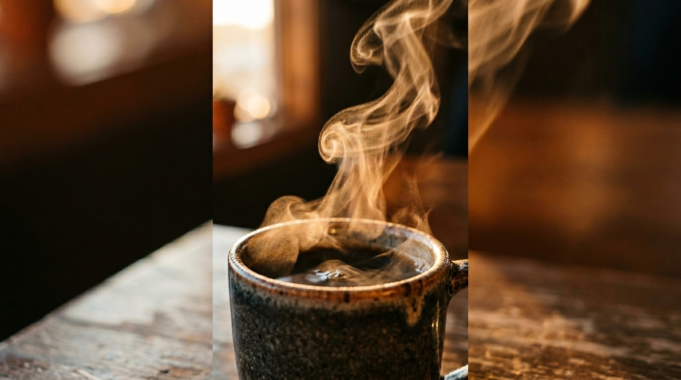 Close-up of steam rising from mug in golden light