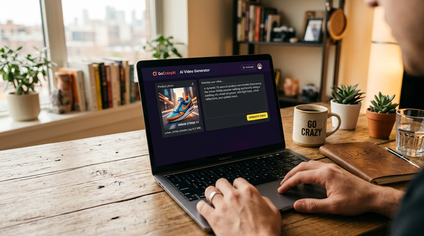 Laptop screen with AI video generator interface and uploaded product photo