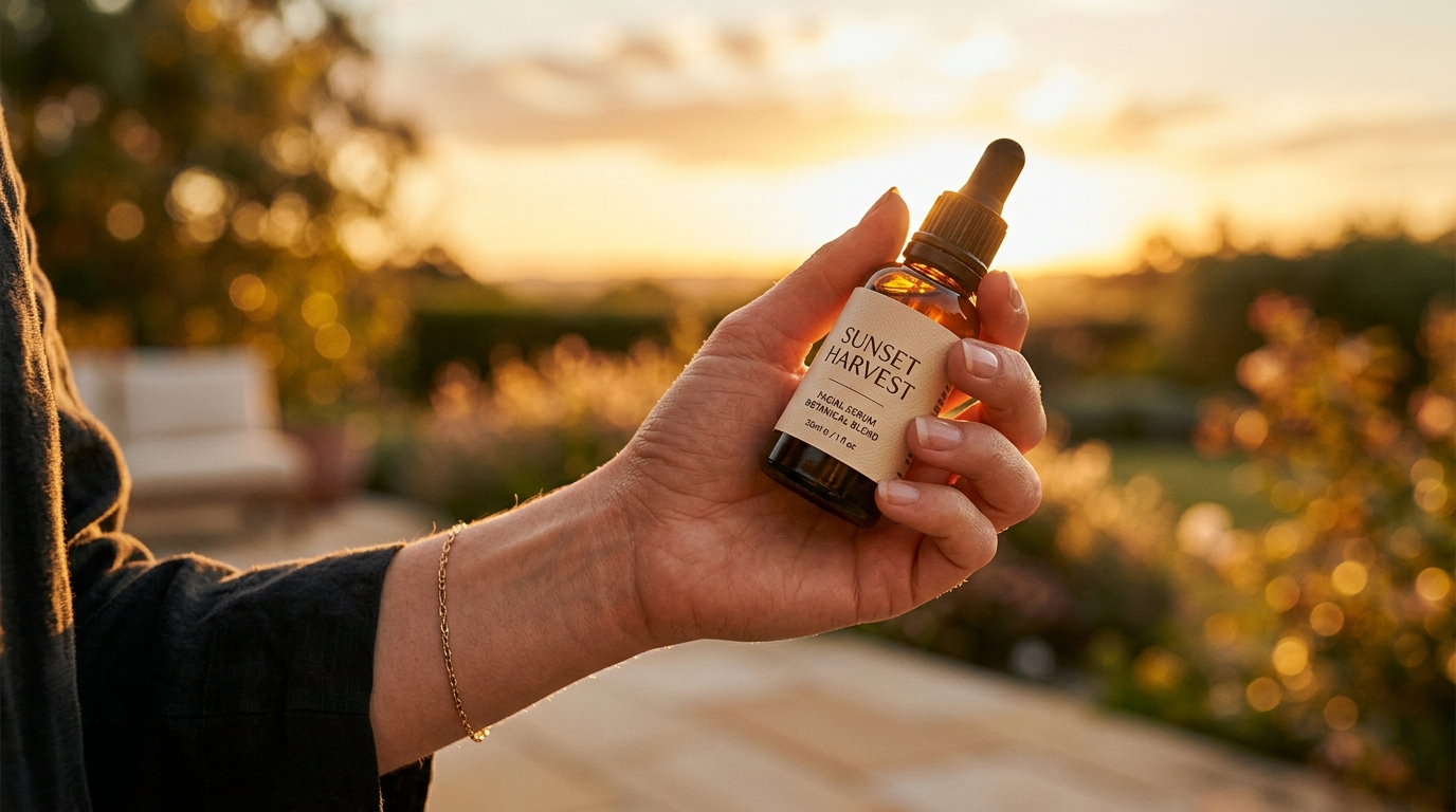 Close-up hero product shot held by hand at golden hour lighting