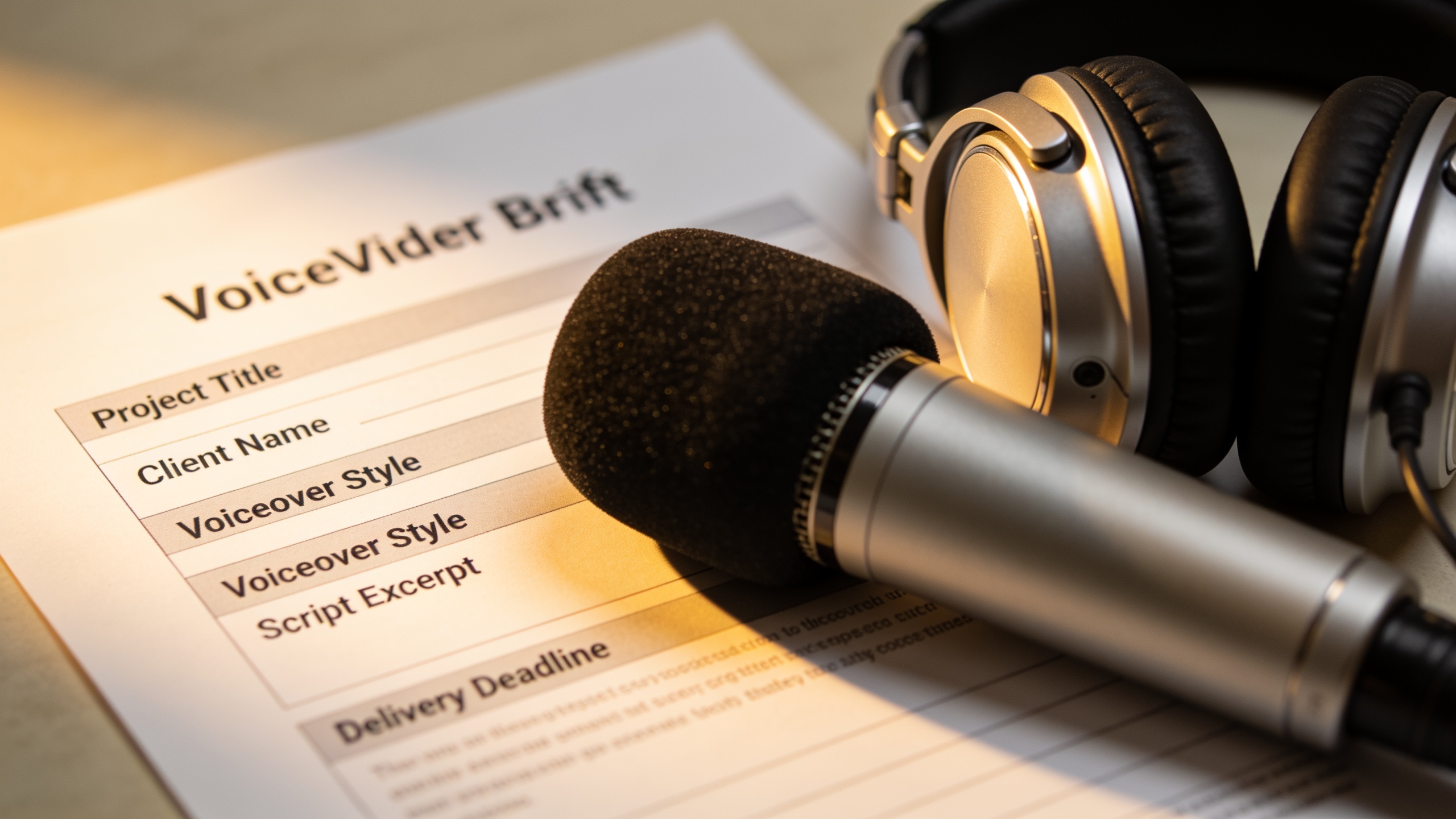 Printed voiceover brief with microphone and headphones