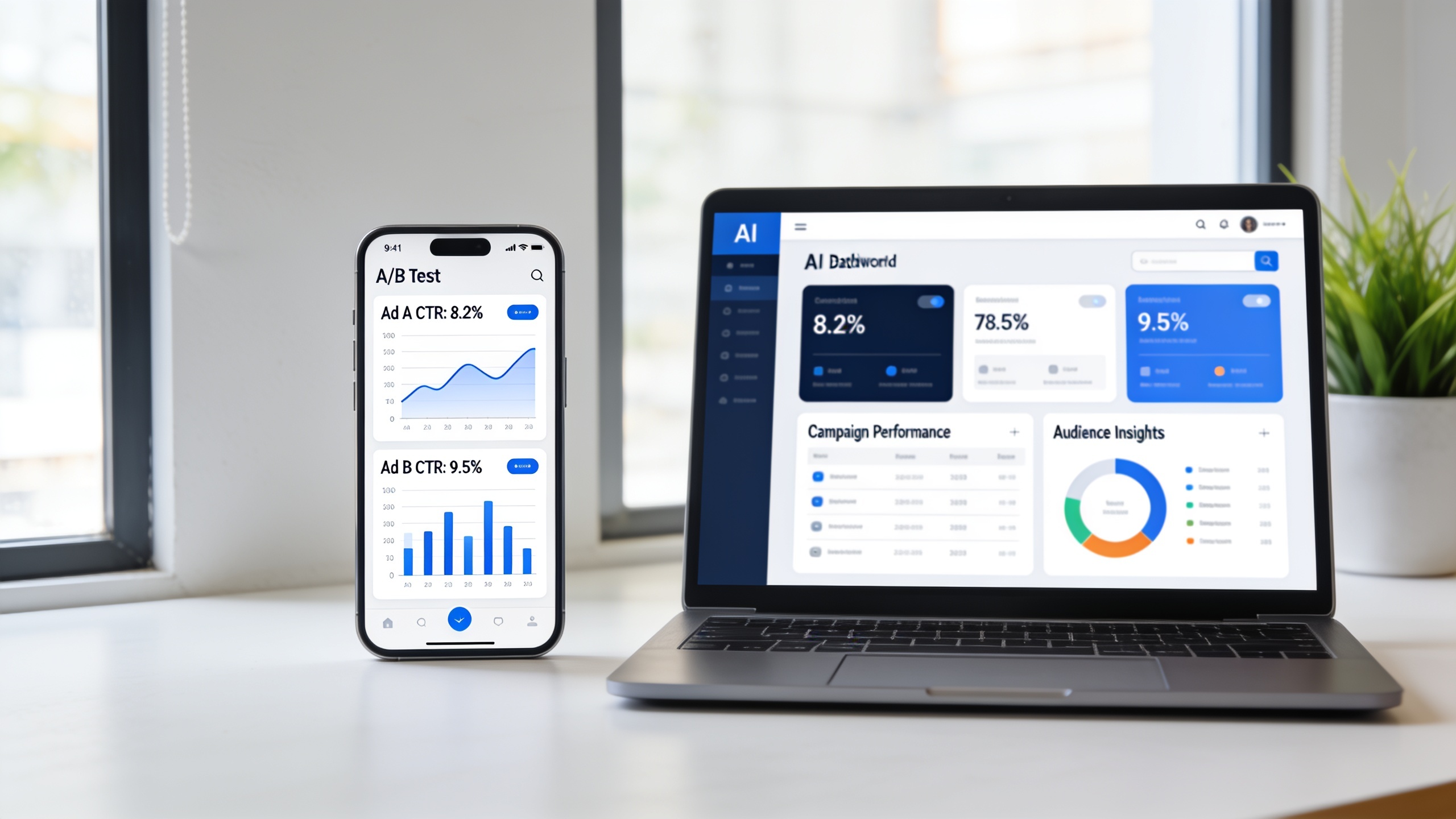 Mobile phone showing ad A/B test charts next to laptop AI dashboard