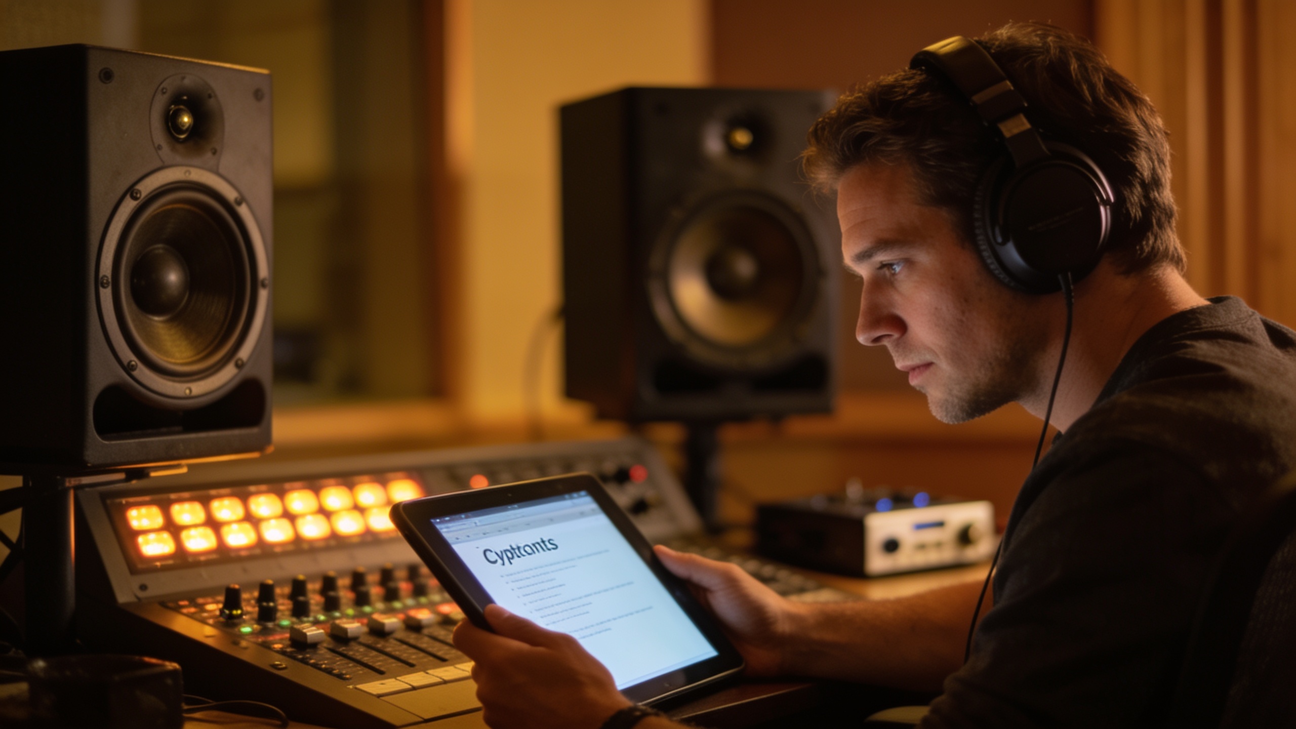 Engineer checking captions on tablet while listening on studio monitors