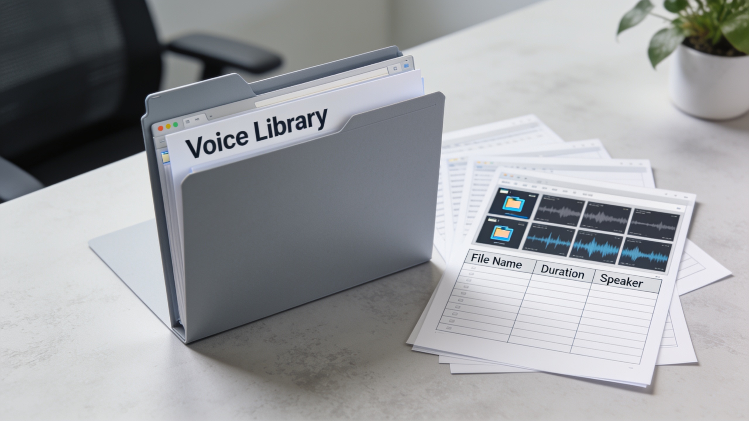 Desktop showing a voice library folder with audio files and metadata