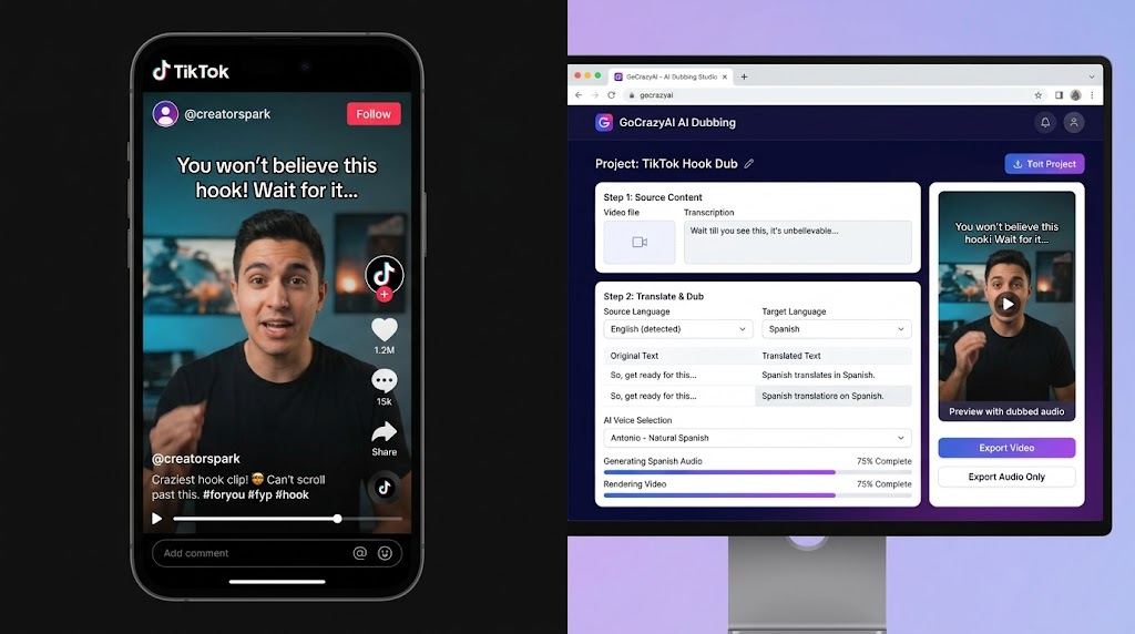 TikTok hook being localized with GoCrazyAI interface