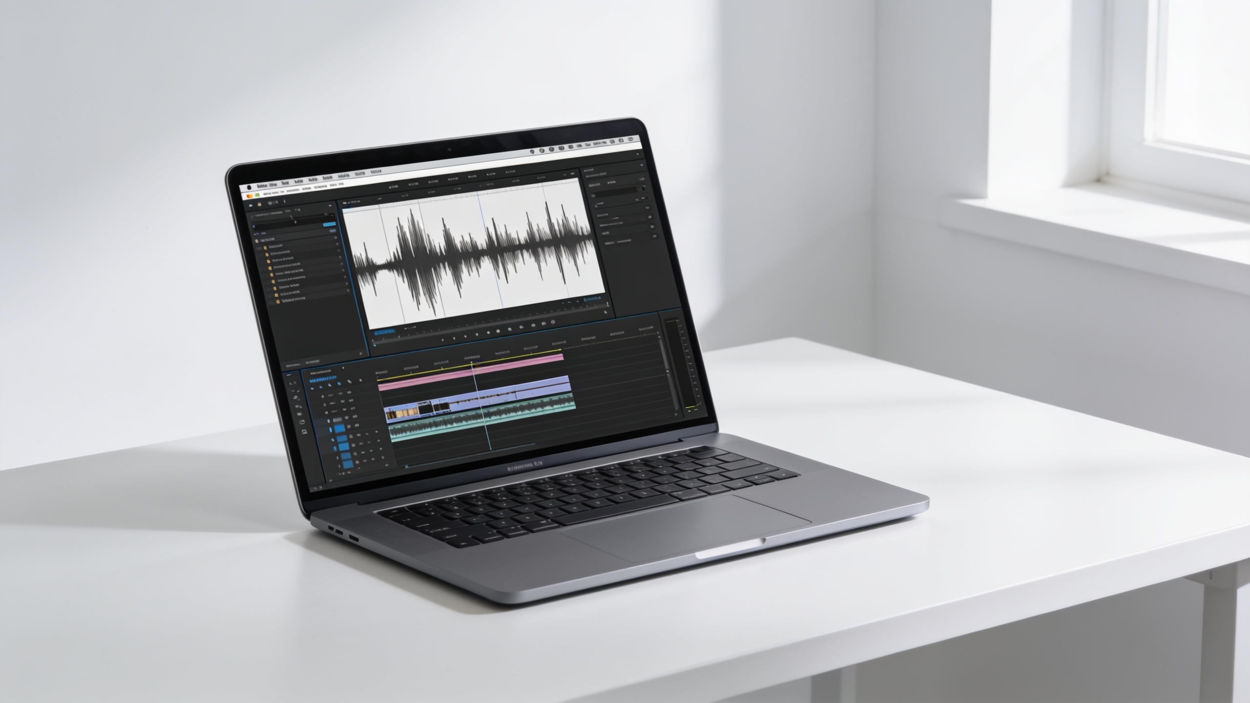Workspace editing ad audio tracks with visible waveform