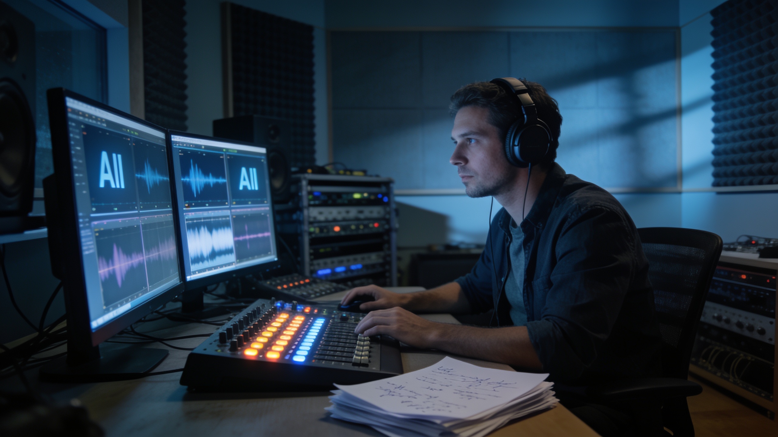 Engineer listening to AI-generated audio files in studio