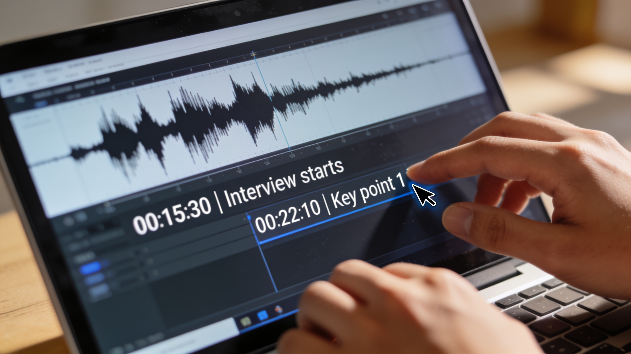 Close-up of audio waveform and timestamp edits
