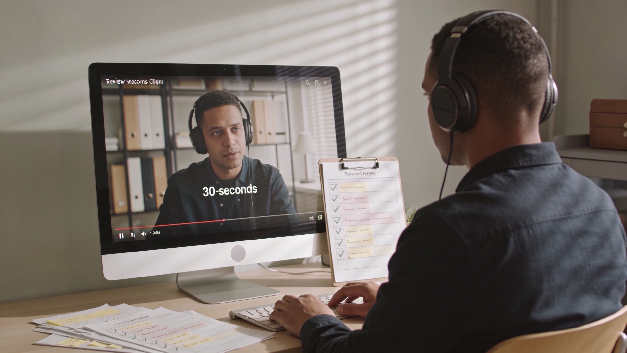 Reviewer with headphones checking a short dubbed clip