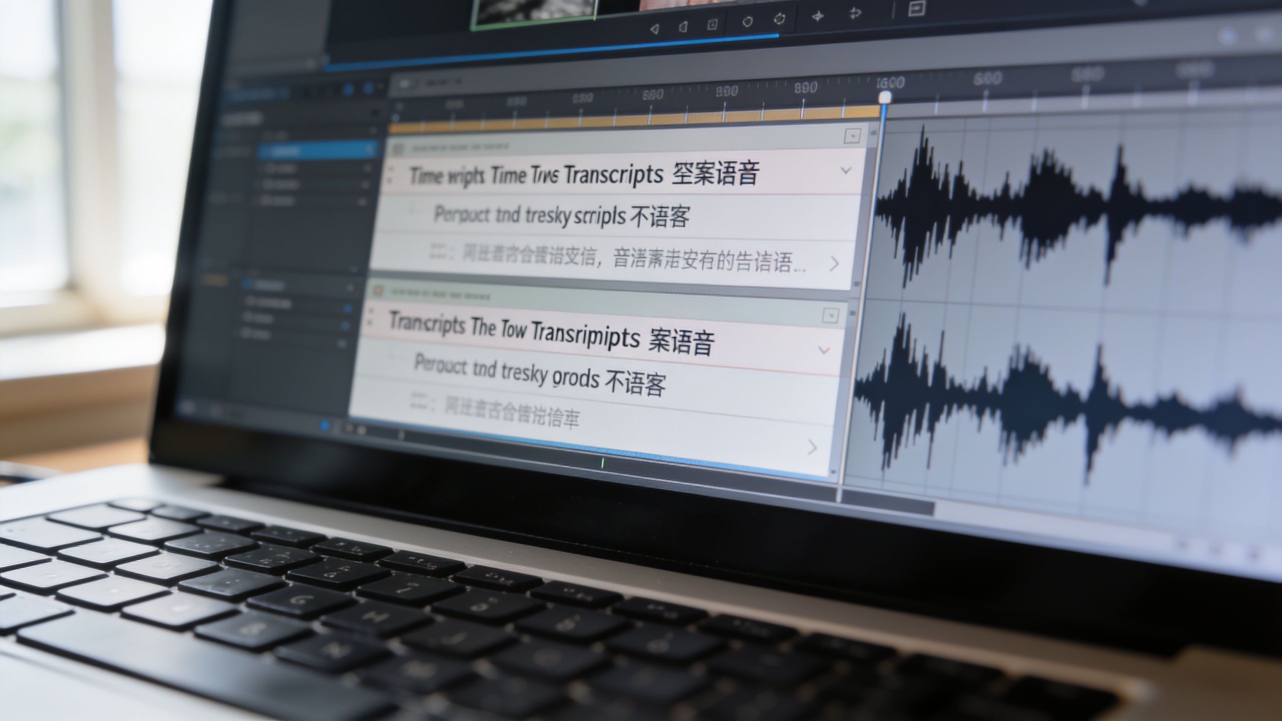 Timeline editor with dual-language transcripts and waveform