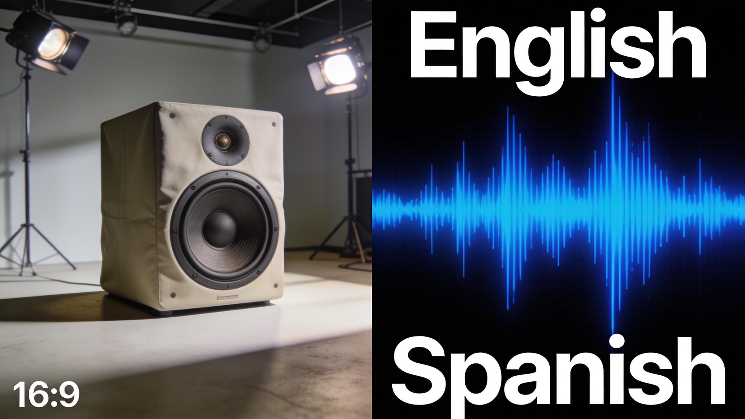 Split-screen: original speaker and dubbed waveform with language tags