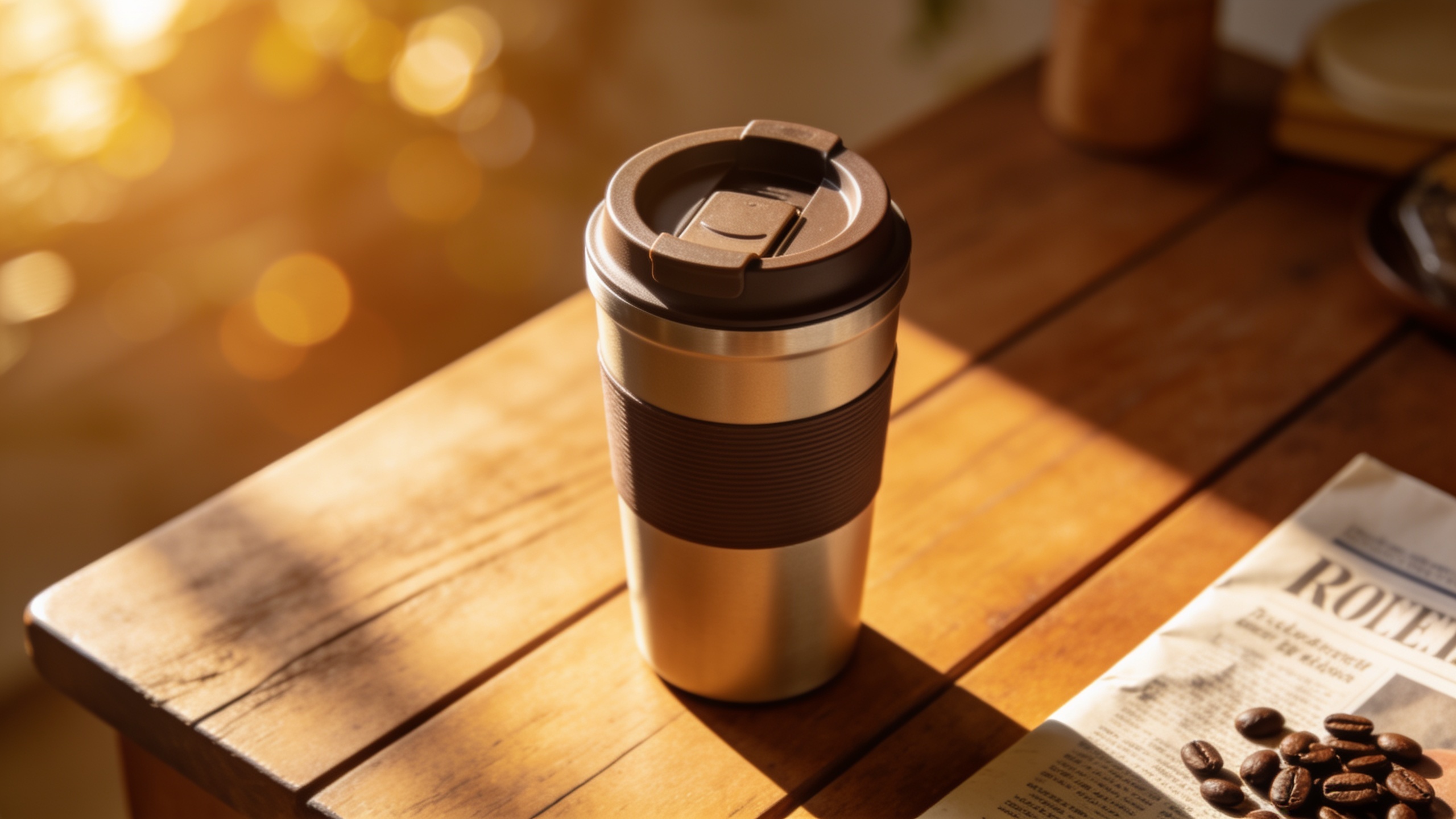 Lifestyle top-down shot of mug on wooden table with morning light