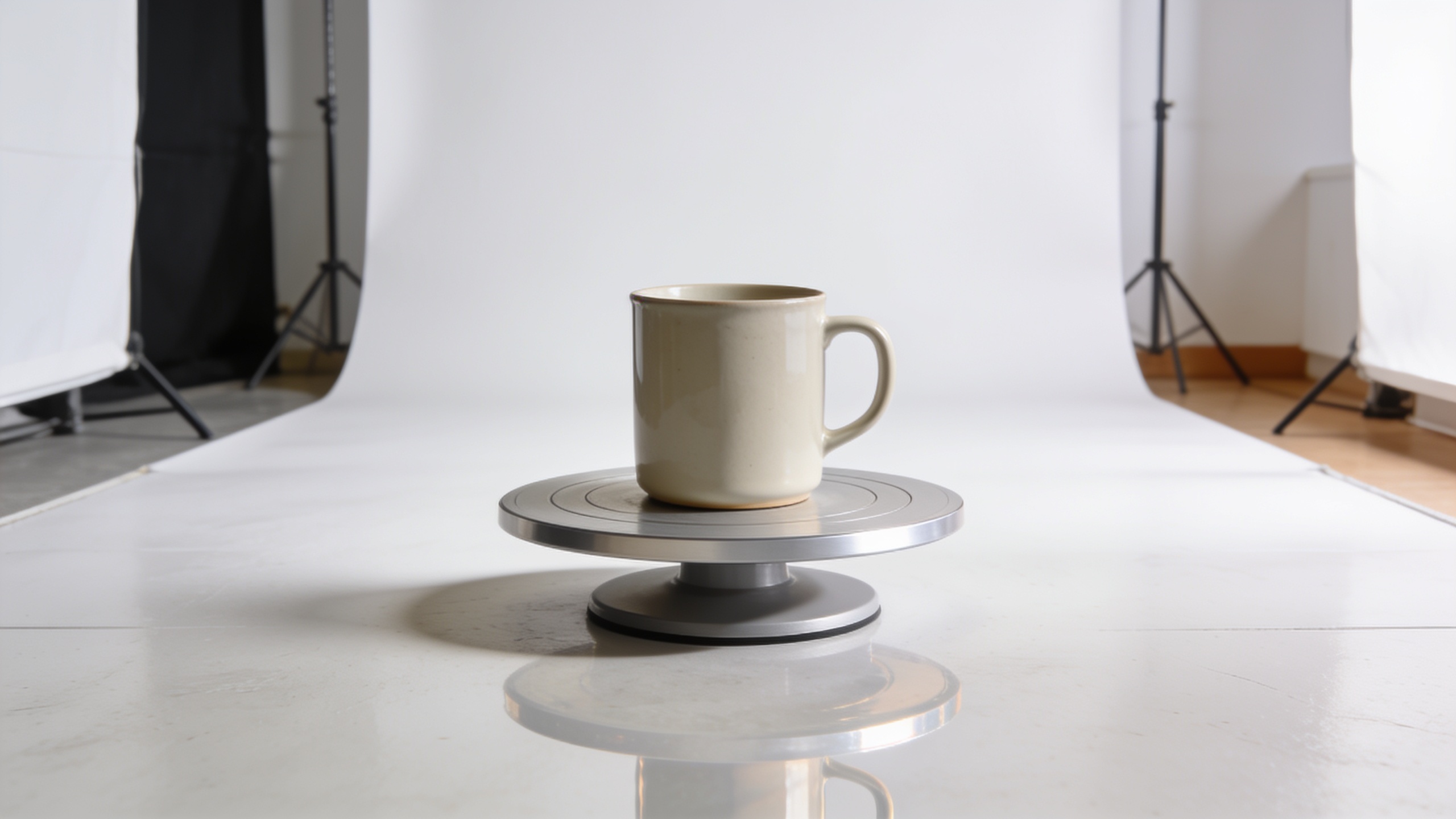 360-degree studio reveal of mug on rotating pedestal