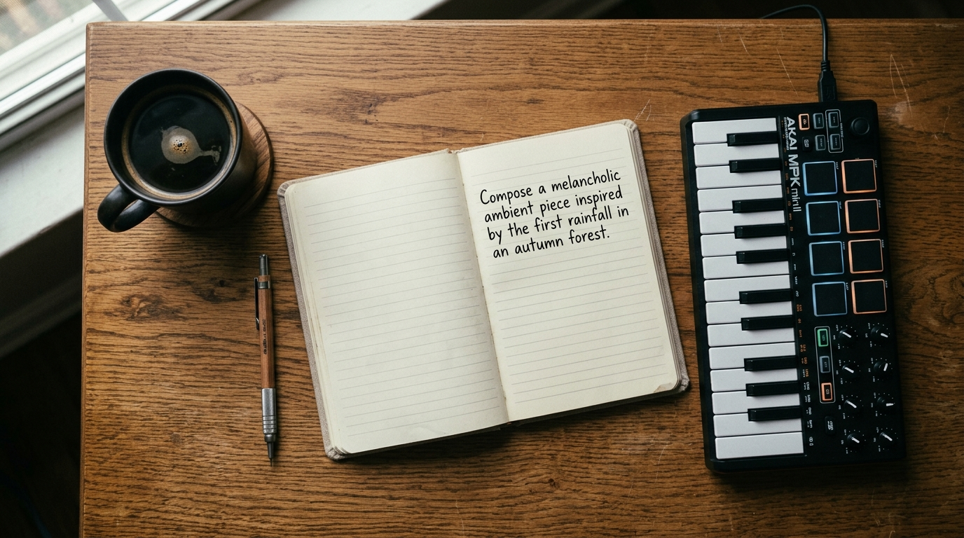Notebook with a written music prompt next to keyboard controller