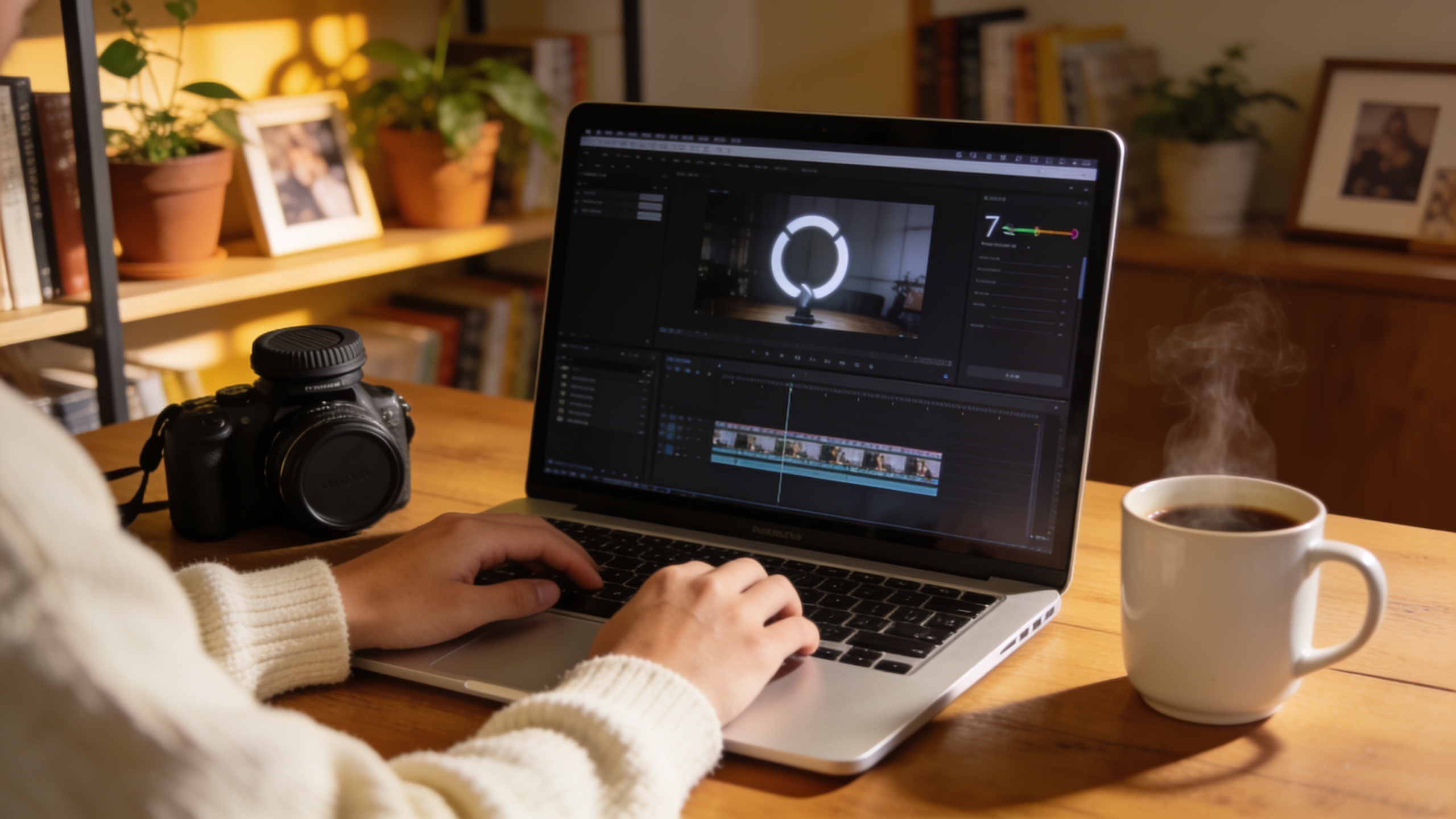 Creator editing a 7-second loop on a laptop beside camera
