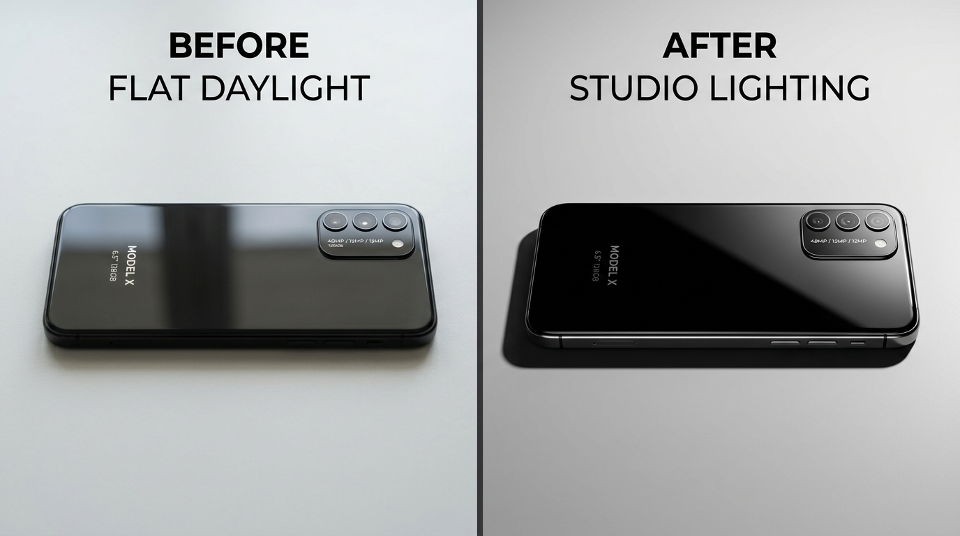 Split view product photo: flat daylight versus studio relight