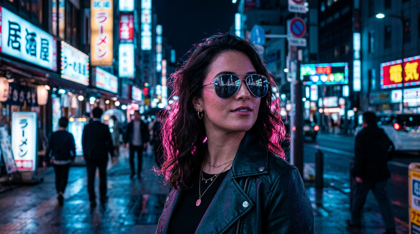 Urban portrait relit with neon magenta rim and cool ambient light