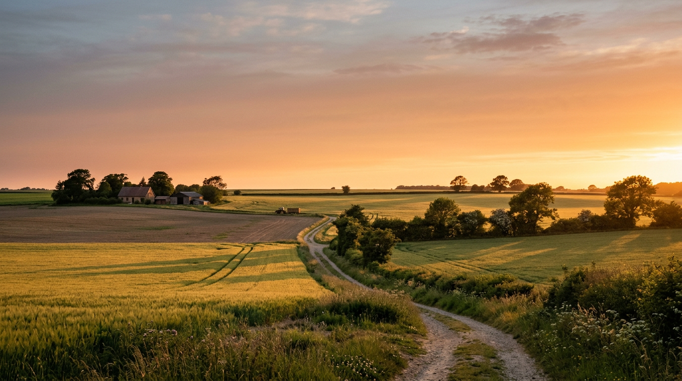 Landscape photo relit to golden-hour warm tones and long shadows
