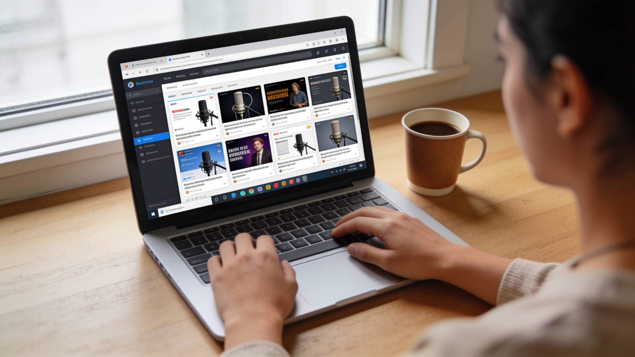 Creator batching short podcast episodes at a laptop with coffee