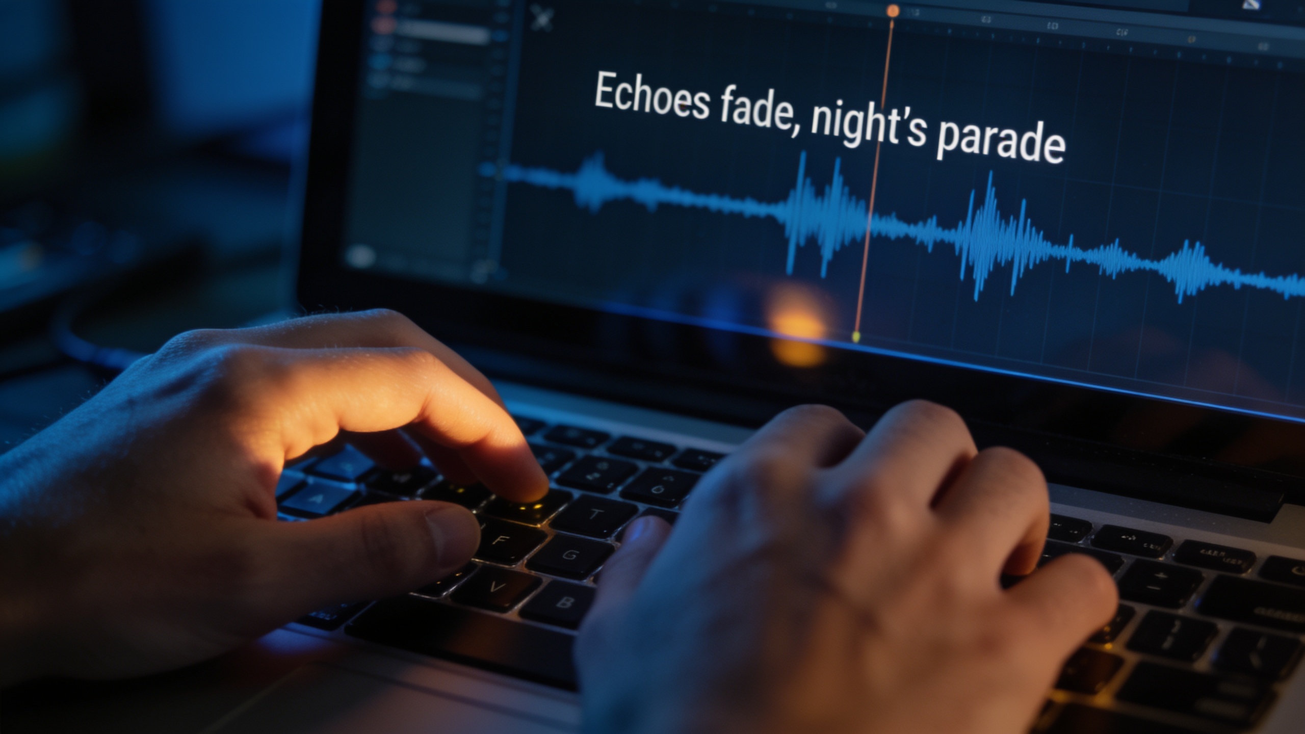 Close-up of someone entering a lyric seed on a laptop with waveform