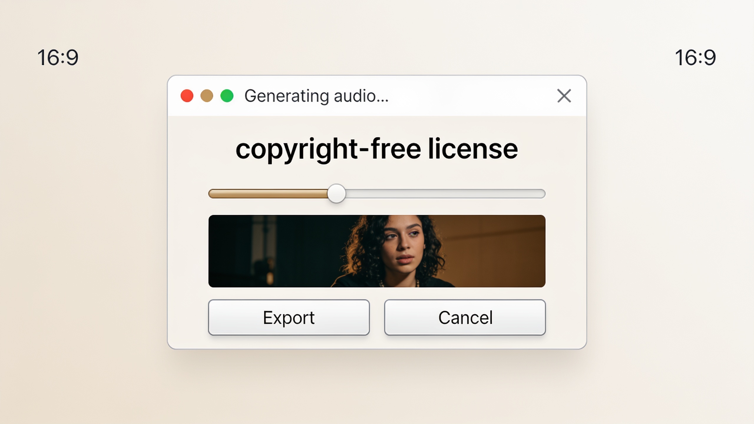 UI export dialog showing 'copyright-free license' for generated track