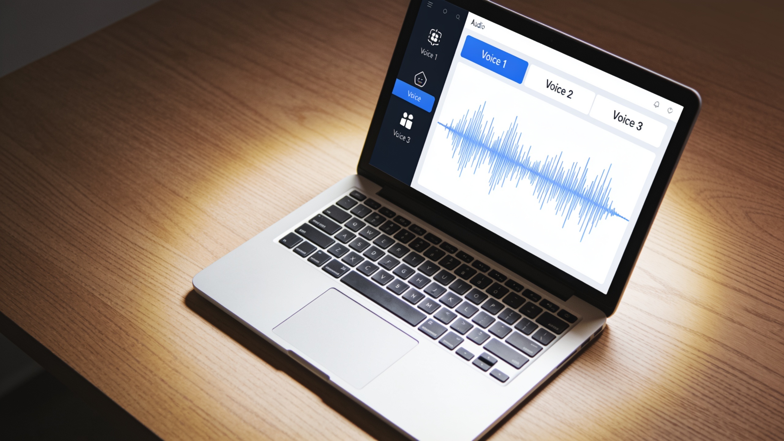 Laptop screen with audio waveform and voice assignment UI