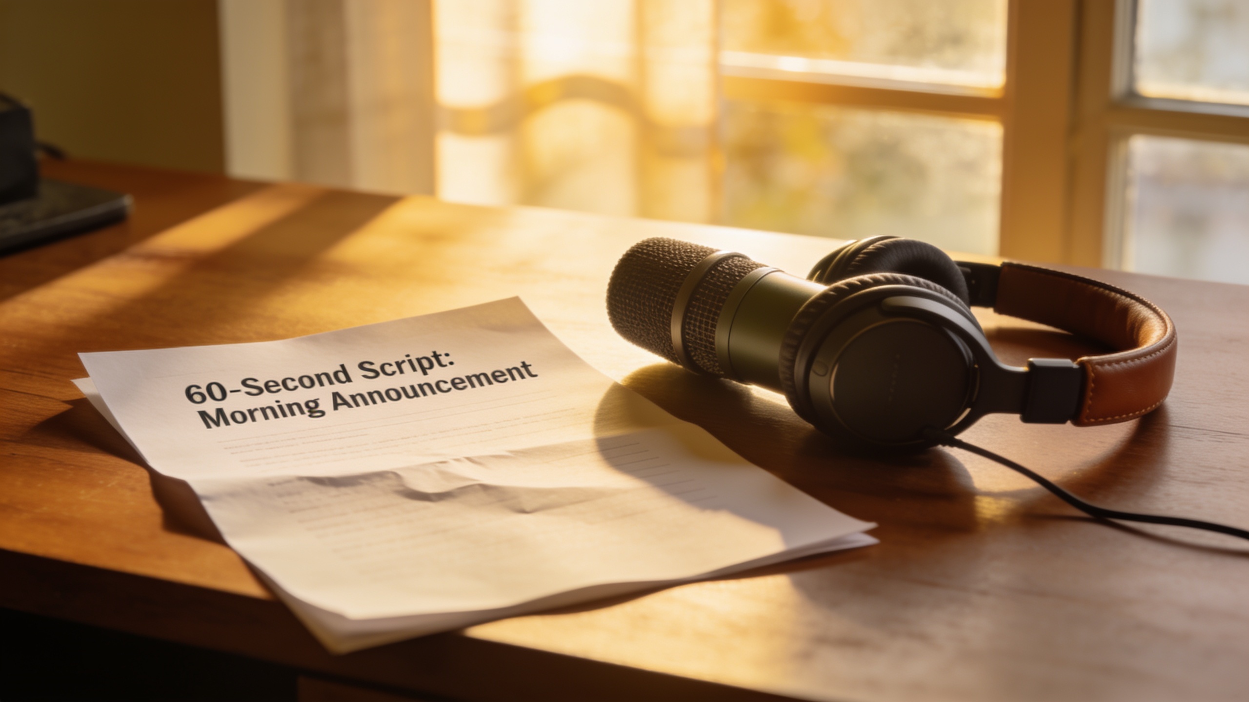 Desk with microphone, headphones, and printed script