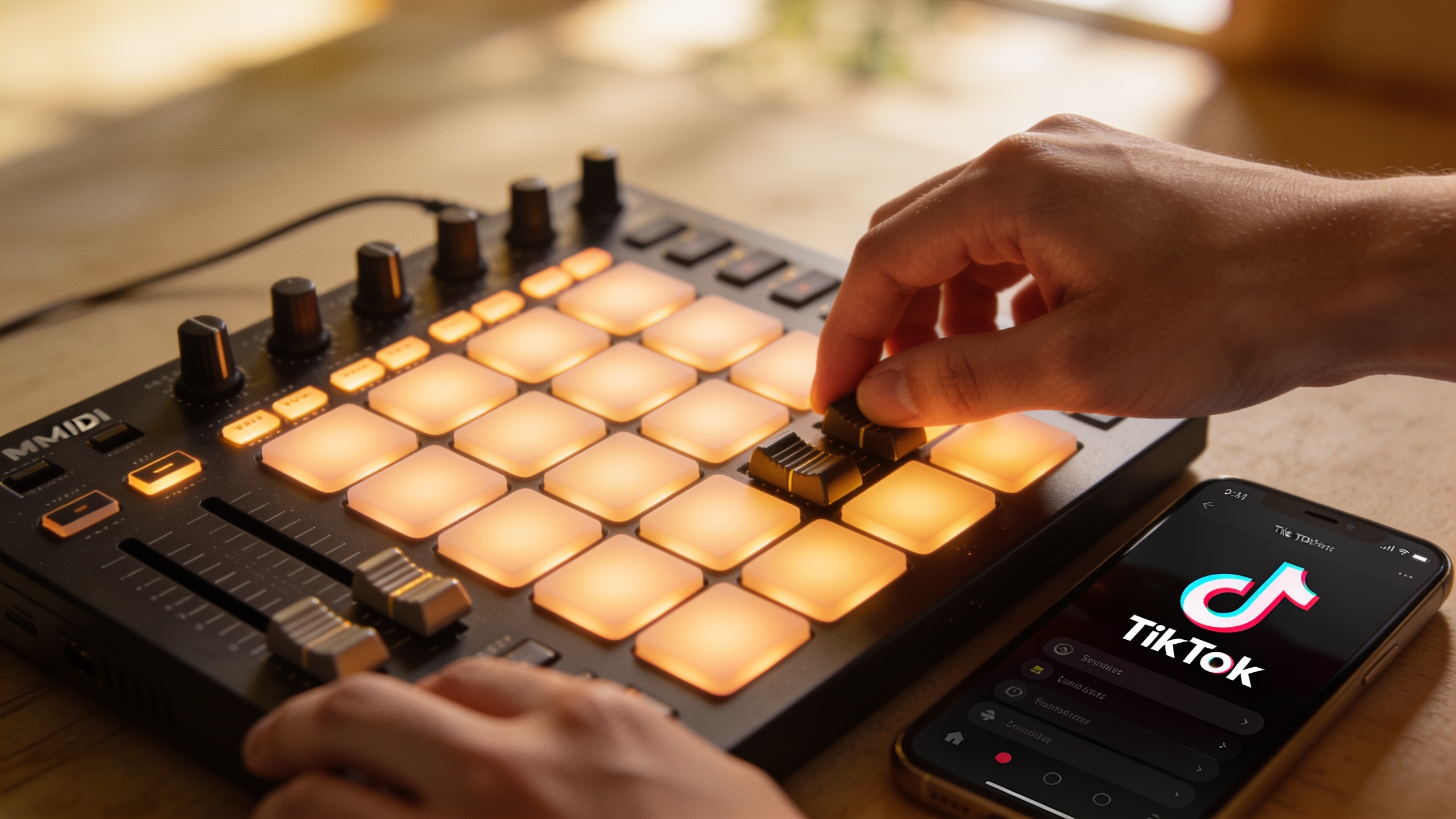 Hands on MIDI controller next to a phone