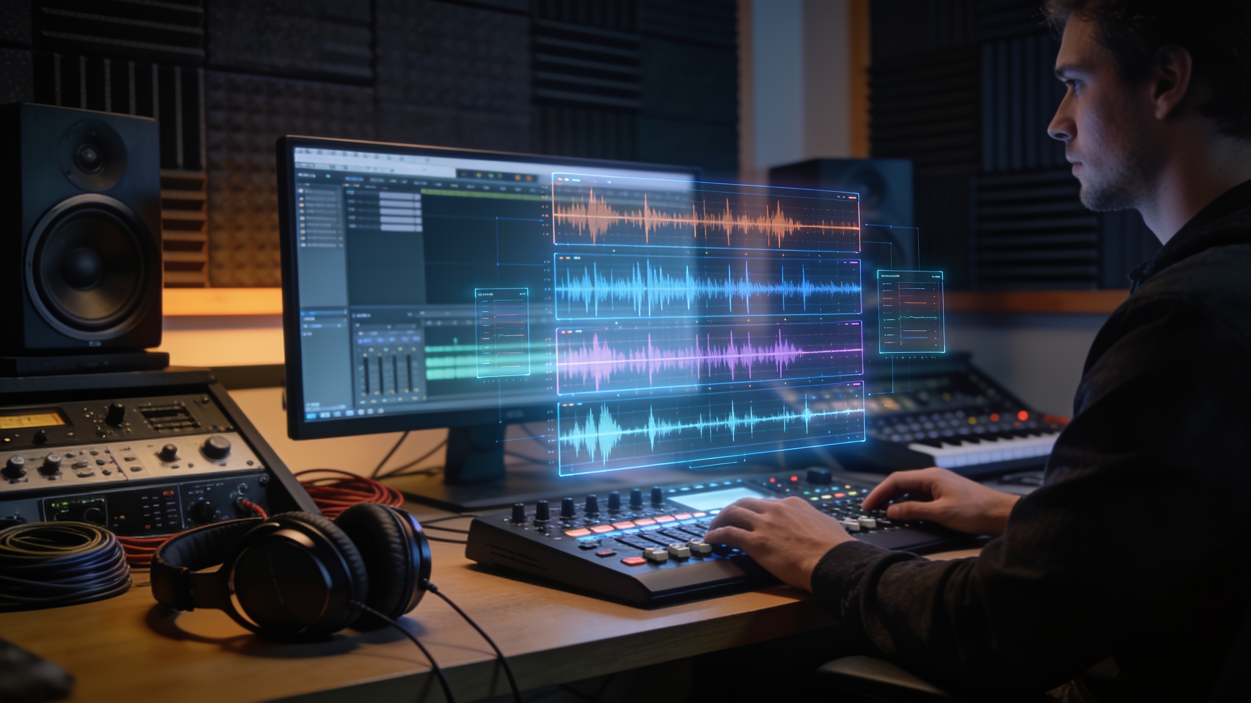 Producer exporting stems from DAW with headphones