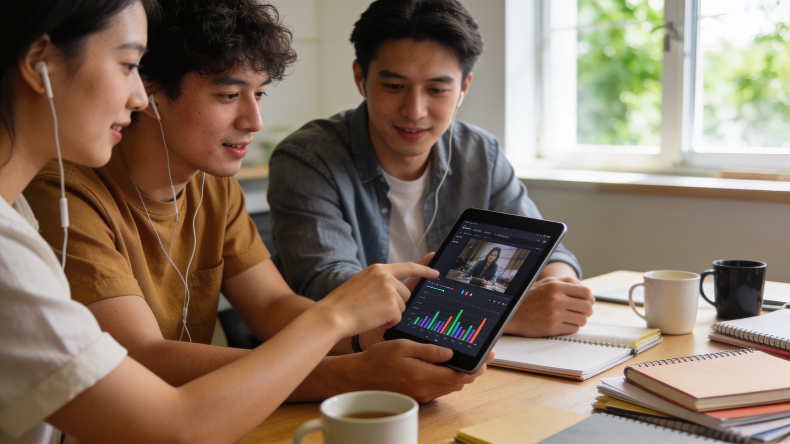 Team reviewing video analytics while listening to a loop