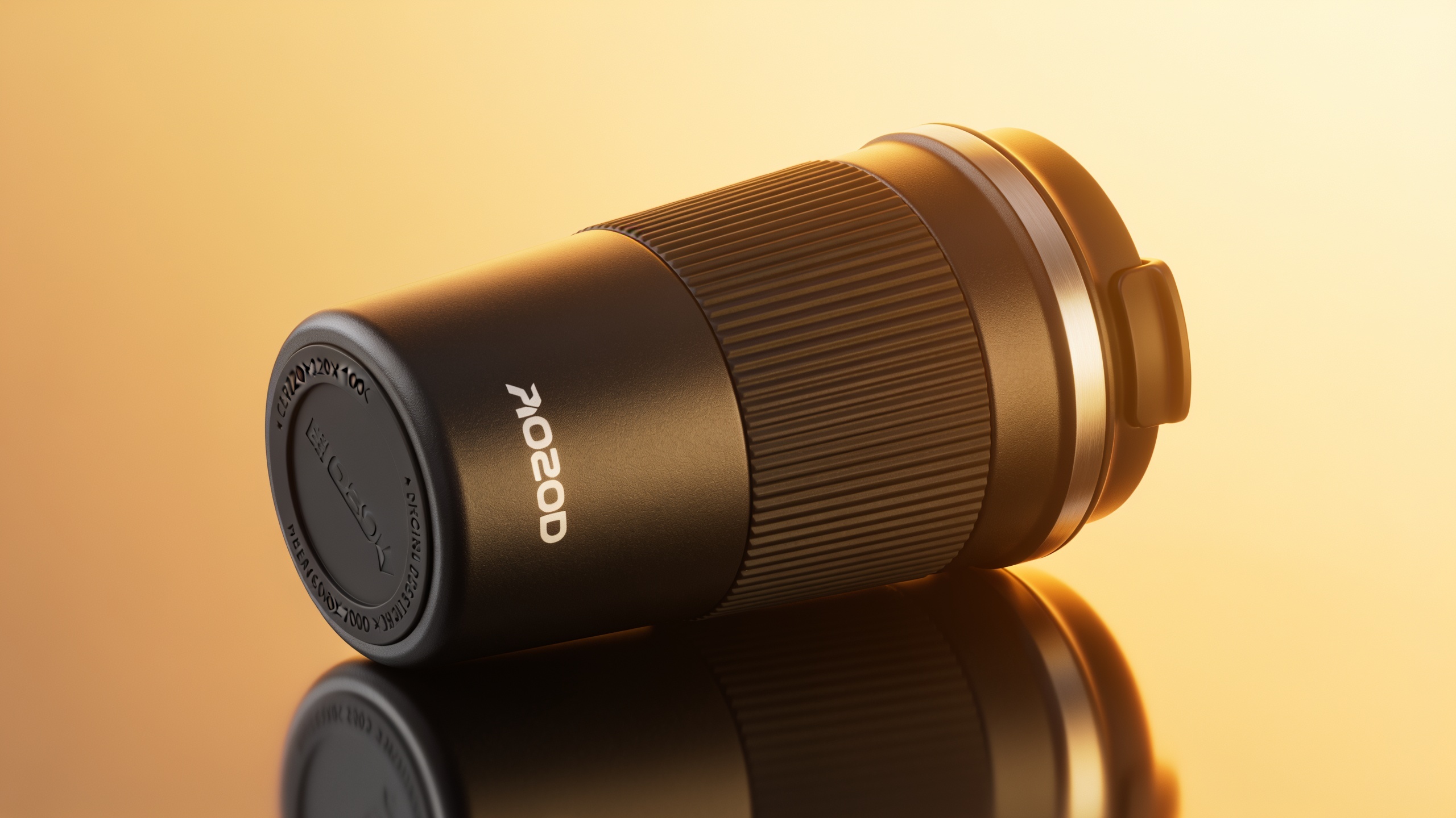 Travel mug on reflective surface, product detail