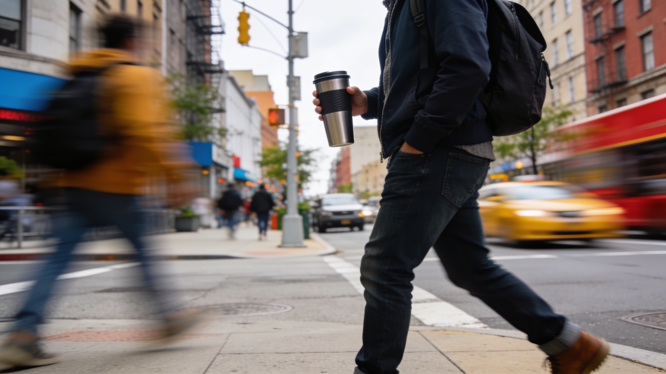 Commuter holding travel mug in city, lifestyle shot