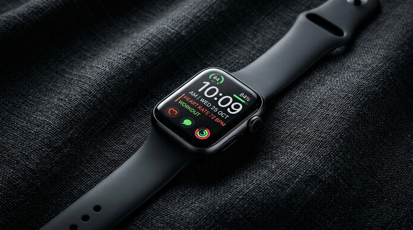 Smartwatch overhead shot with implied parallax and rim light
