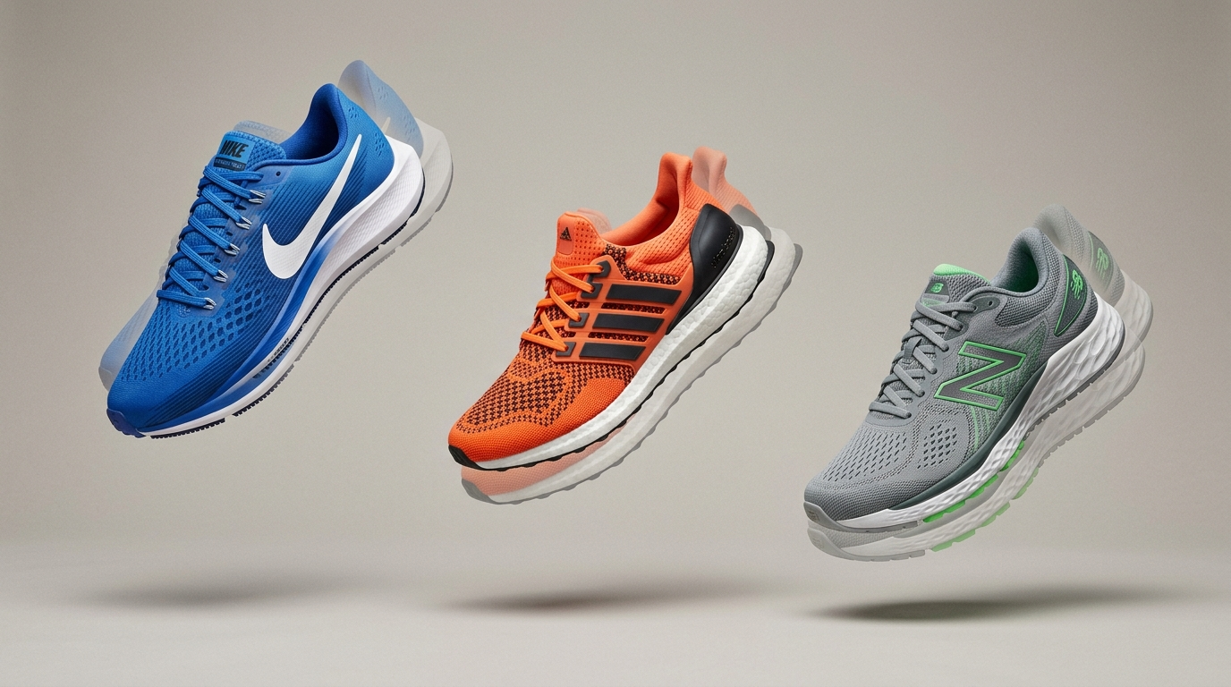 Three shoes on neutral background with duplicated element motion